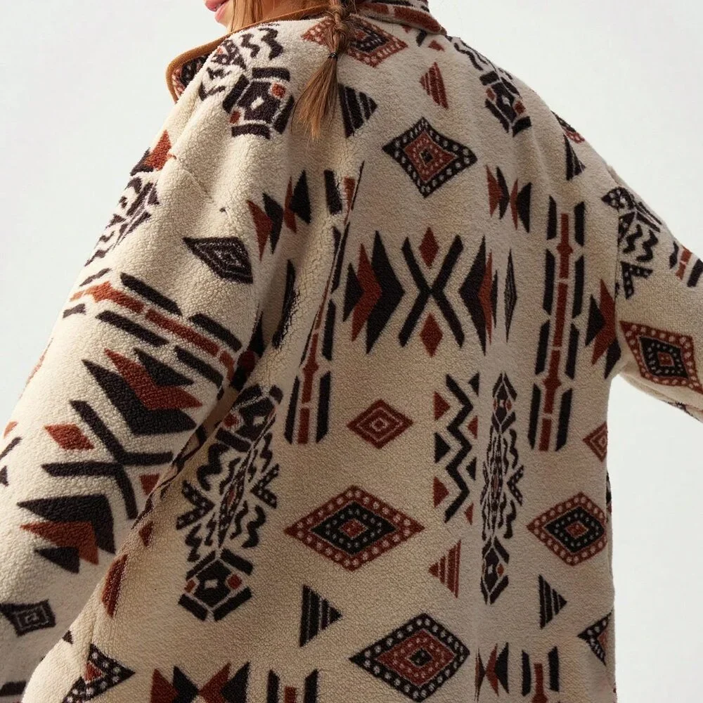 Multicolor Casual Women's Geometric Print Reversible Fleece Jacket - Picture 4 of 8